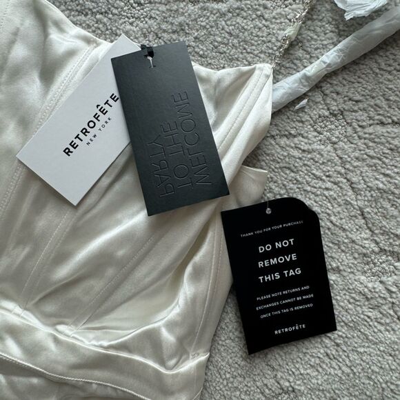 NWT RETROFETE Evalina Dress Whitesatin bridal mini with rhinestone straps. Sz M - Picture 9 of 16